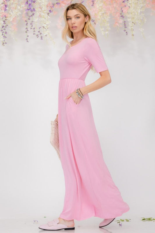 Celeste Plus Size Round Neck Short Sleeve Maxi Dress with Pockets